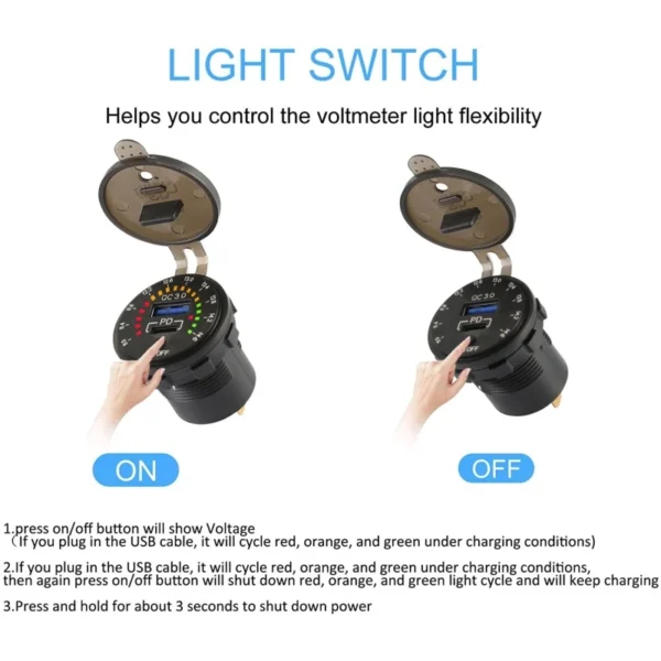 شارژر فست و ولت متر خودرویی 12-24 ولت Fast با کلید ON/OFF 6 شارژر فست و ولت متر خودرویی 12-24 ولت Fast با کلید ON/OFF